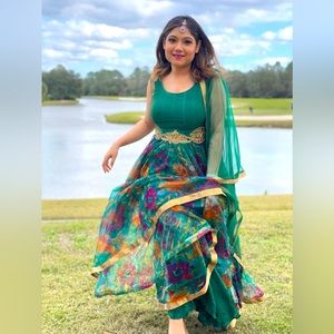 Green Floral Anarkali Gown with matching dupatta